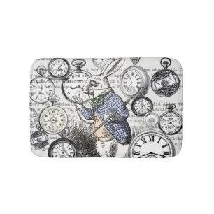 White Rabbit Alice Wonderland Clocks Art Bath Mat