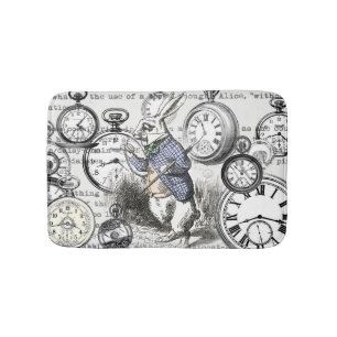 White Rabbit Alice Wonderland Clocks Art Bath Mat