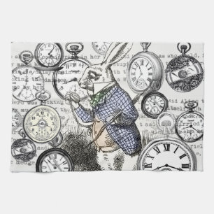White Rabbit Alice Wonderland Clocks Art Tea Towel
