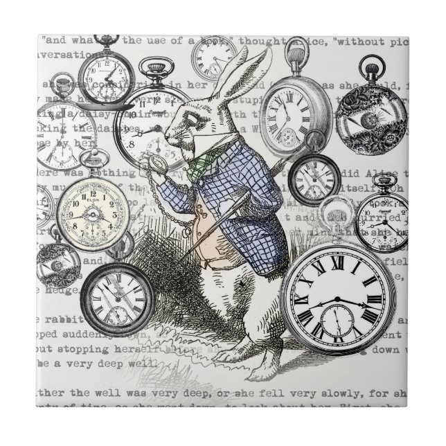 White Rabbit Alice Wonderland Clocks Art Tile (Front)