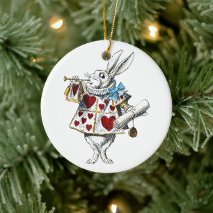 White Rabbit Alice Wonderland Rabbit of Hearts Ceramic Tree Decoration
