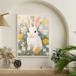 White Rabbit Among Spring Flowers Poster