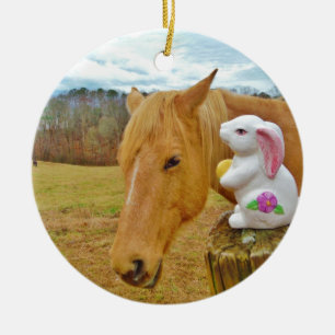 White rabbit and blonde yellow horse ceramic tree decoration