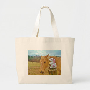 White rabbit and blonde yellow horse large tote bag