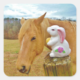 White rabbit and blonde yellow horse square sticker