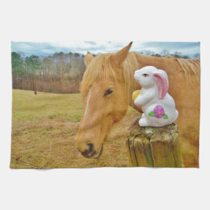 White rabbit and blonde yellow horse tea towel