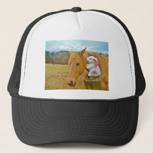 White rabbit and blonde yellow horse trucker hat