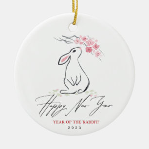 White Rabbit and Cherry Blossom Flower   Ceramic Tree Decoration