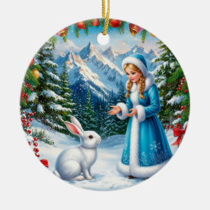 White Rabbit and Snow Maiden in Winter Woodland Ceramic Tree Decoration