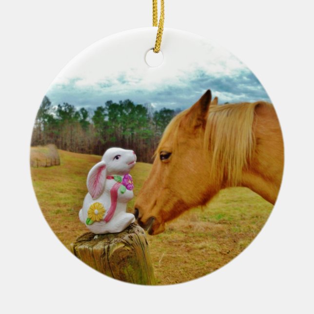 White Rabbit and Yellow Horse Ceramic Tree Decoration (Front)