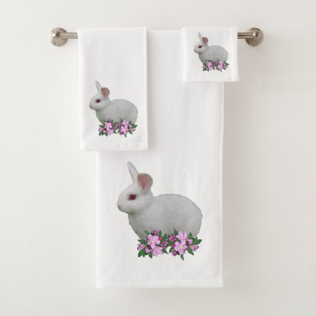 White Rabbit & Apple Flowers on White Bath Towel Set (Insitu)