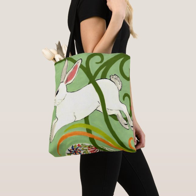 White Rabbit Green Art Deco Tote Purse Vines Bag (Close Up)