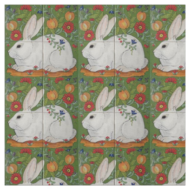 White Rabbit Green Floral Spring Easter Fabric Art (Swatch)