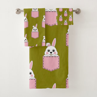 White Rabbit in Pink Pocket Pattern Bath Towel Set