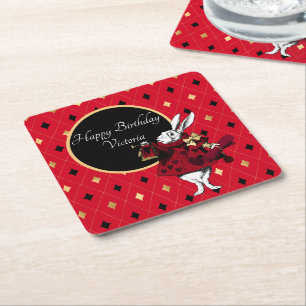 White Rabbit in Red Birthday Square Paper Coaster