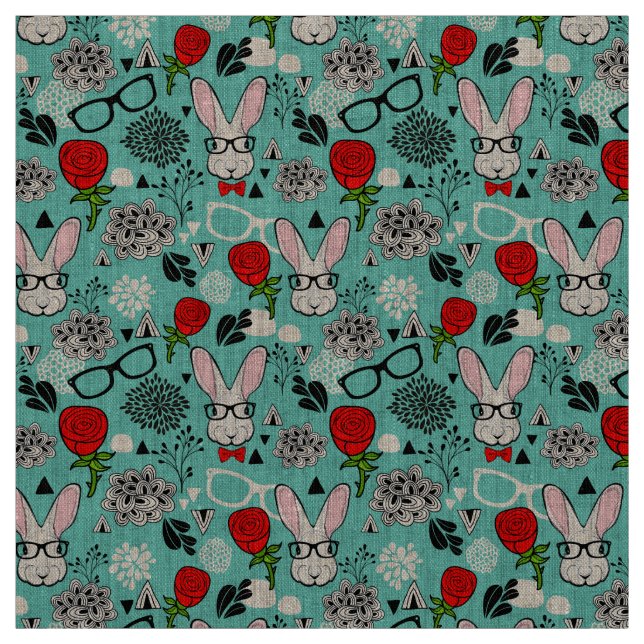 White rabbit in roses fabric (Swatch)