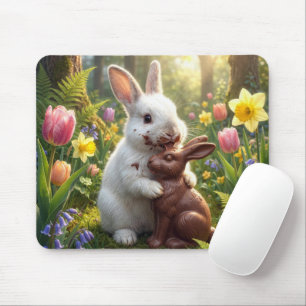 White Rabbit Licking a Chocolate Easter Bunny Mouse Pad