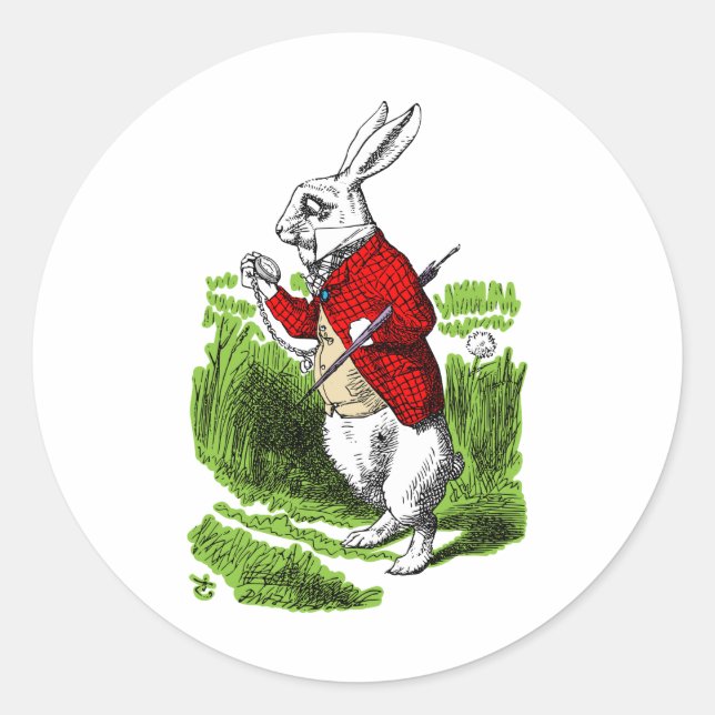 White Rabbit looking at watch. Illustration Classic Round Sticker (Front)