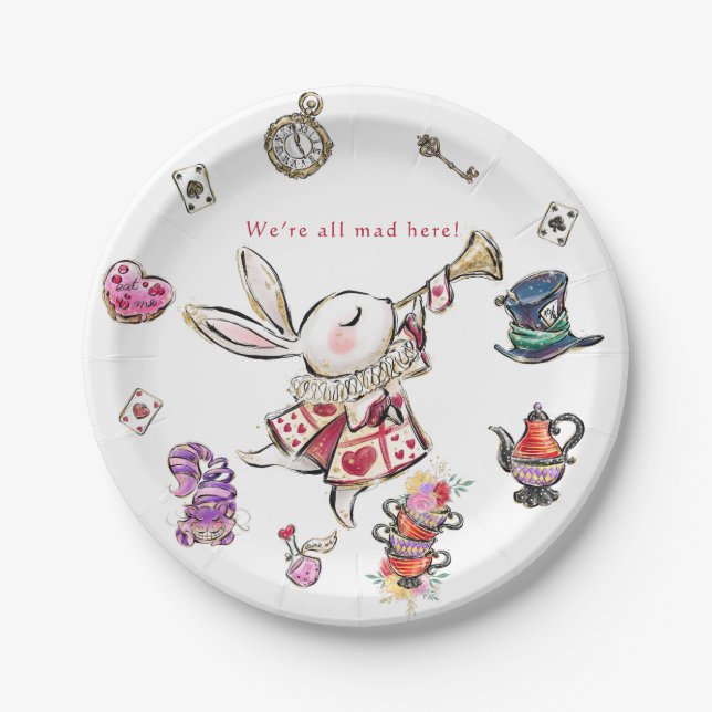 White Rabbit Mad Hatter Tea Party Birthday  Paper Plate (Front)