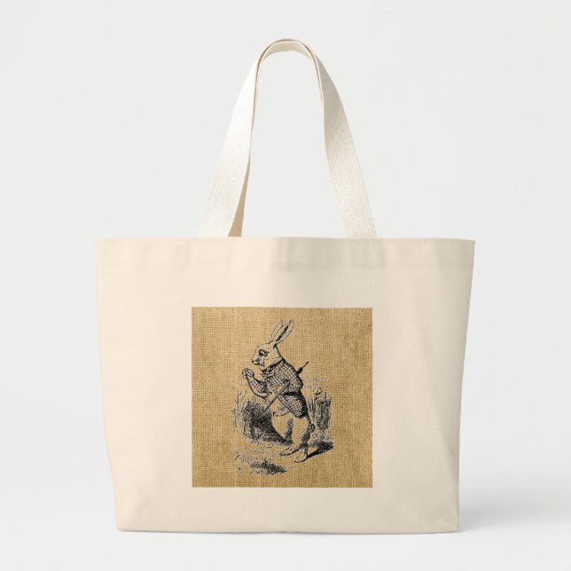 White Rabbit on Burlap Large Tote Bag (Front)