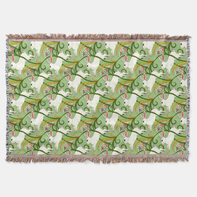 White Rabbit on Green Tiled Home Decor Throw Blanket (Front)