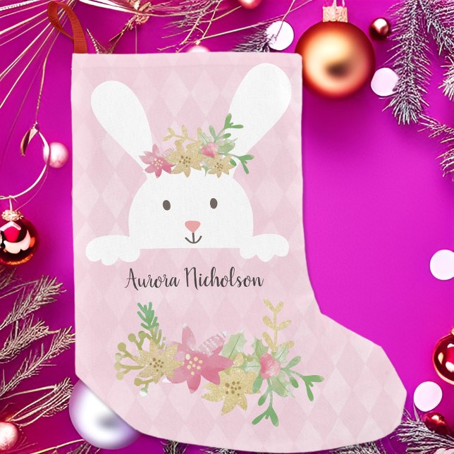 White Rabbit Pink Gold Poinsettia Floral Small Christmas Stocking (Creator Uploaded)