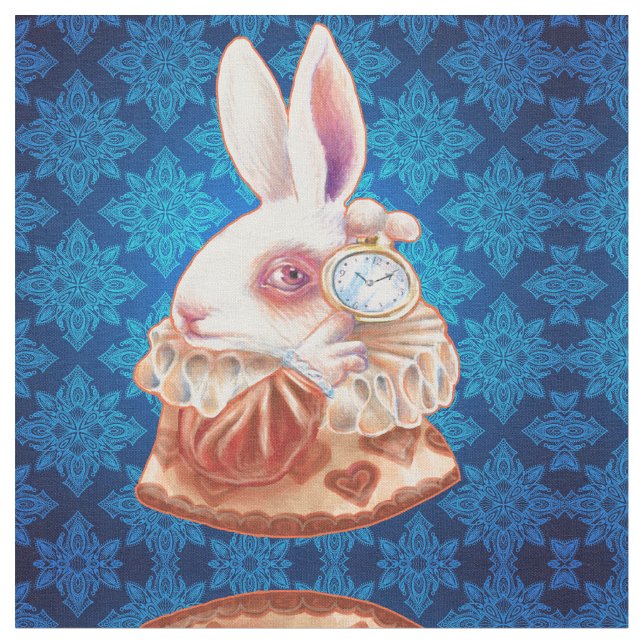 White Rabbit Pop Surrealism Illustration fabric (Close Up)