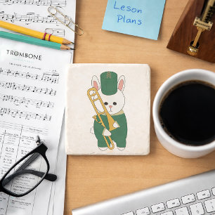 White Rabbit Trombonist in Green Parade Uniform  Stone Coaster