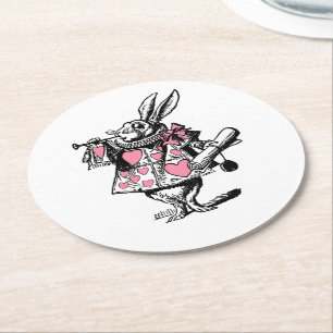 White Rabbit Trumpeter Alice Adv Wonderland Pink Round Paper Coaster
