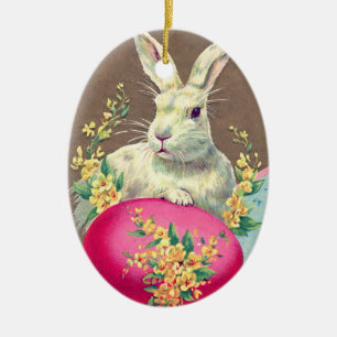 WHITE RABBIT WITH EASTER EGG AND SPRING FLOWERS CERAMIC TREE DECORATION