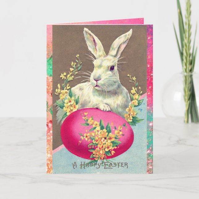 WHITE RABBIT WITH EASTER EGG AND SPRING FLOWERS HOLIDAY CARD (Front)