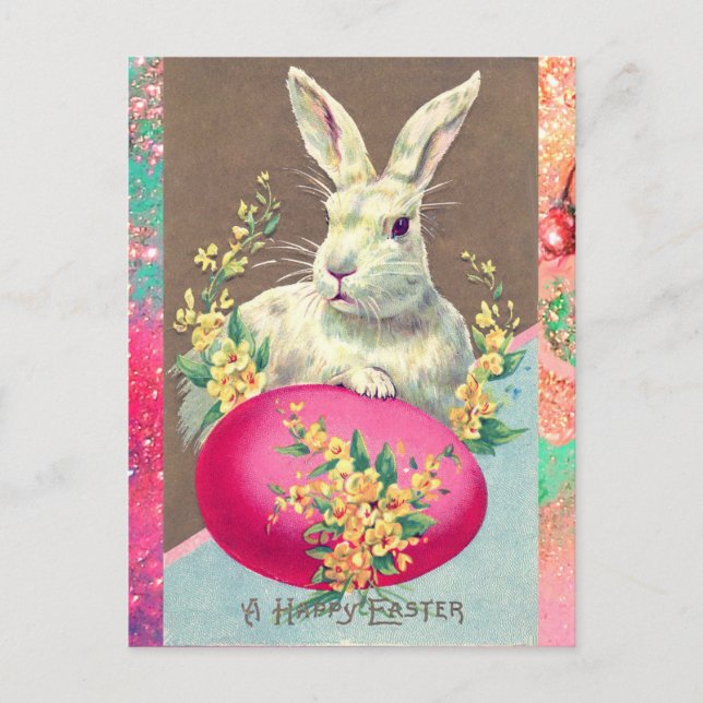 WHITE RABBIT WITH EASTER EGG AND SPRING FLOWERS HOLIDAY POSTCARD (Front)