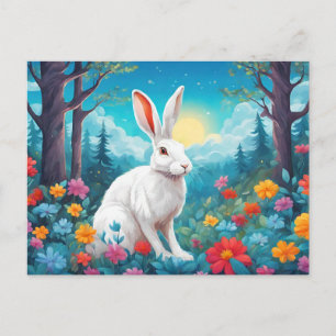 White Rabbit with Forest Flowers Nature Holiday Postcard