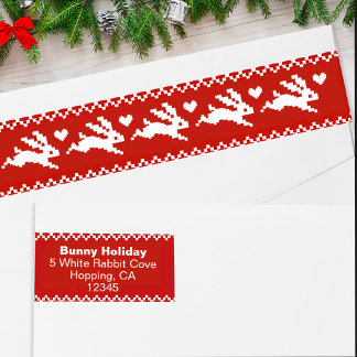 White Rabbits Cute Bunnies Holiday Return Address Wrap Around Label