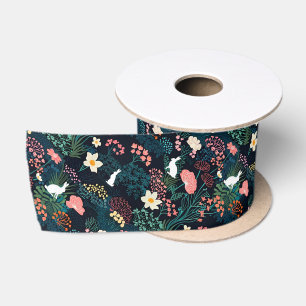 White Rabbits in Colorful Flower Field Dark Floral Satin Ribbon