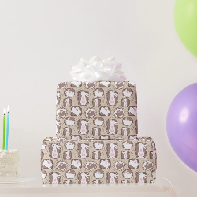 White Rabbits on Tan  Wrapping Paper (Party Gifts)