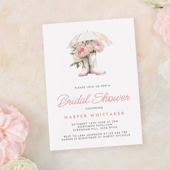 White Rain Boots & Pink Peonies Bridal Shower Invitation (Creator Uploaded)