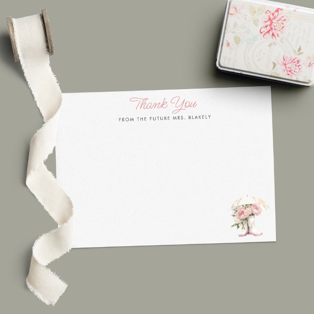 White Rain Boots & Pink Peonies Flat Bridal Shower Thank You Card (Creator Uploaded)
