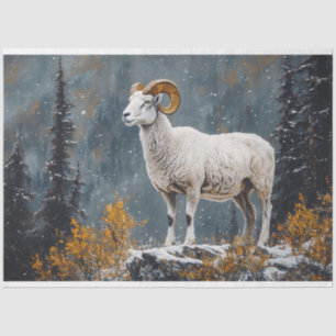 White Ram Standing on Snowy Mountain Decoupage Tissue Paper