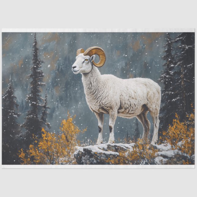 White Ram Standing on Snowy Mountain Decoupage Tissue Paper (Front)