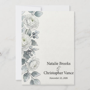 White Ranunculus and Dusty Blue Berries Watercolor Invitation