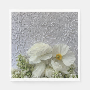 White ranunculus and lilacs with text space weddin napkin