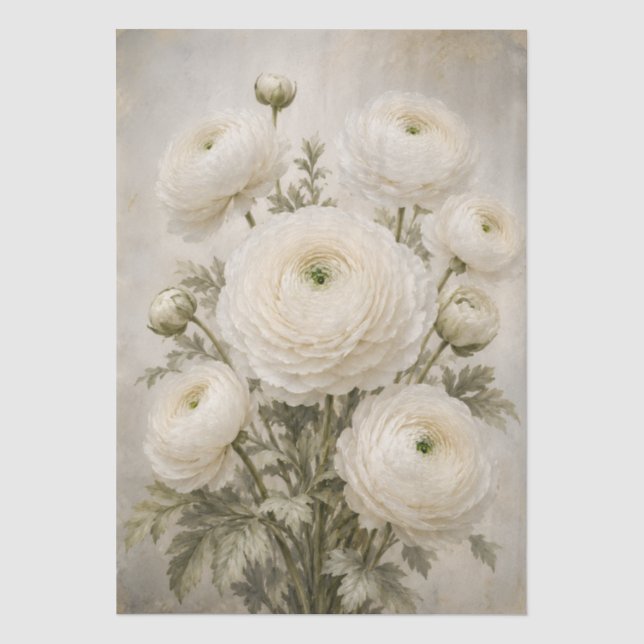 White Ranunculus Decoupage Paper | Vintage Mood (Front)