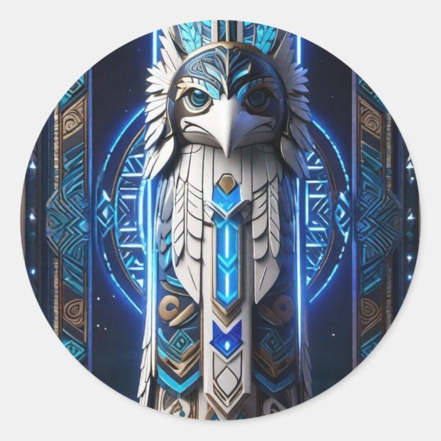 White Raven Blue Totem Classic Round Sticker (Front)