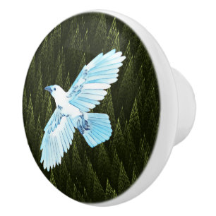 White Raven on Fractal Conifers Ceramic Knob