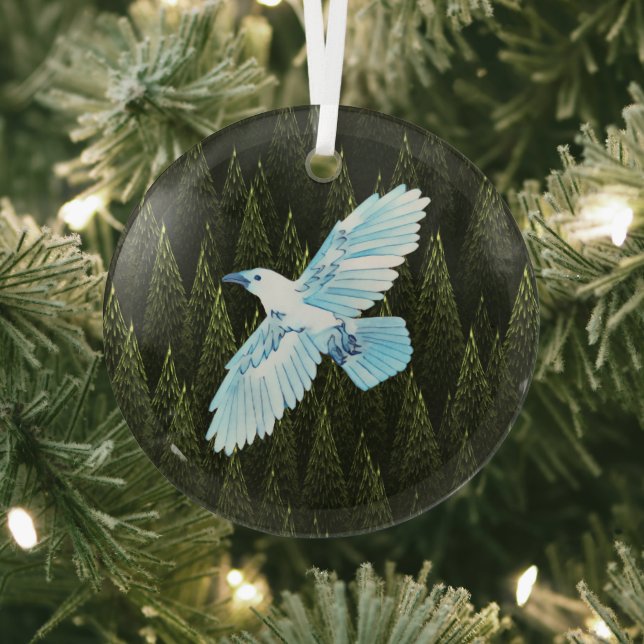 White Raven on Fractal Conifers Glass Tree Decoration (Insitu)