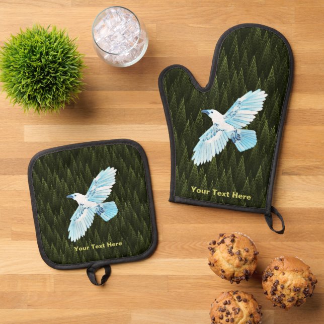 White Raven on Fractal Conifers Oven Mitt & Pot Holder Set (Top Down)