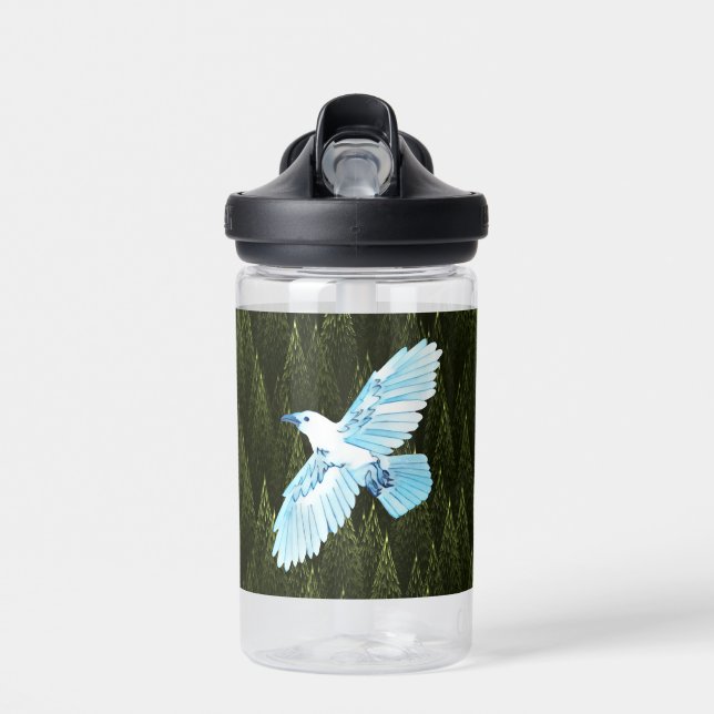 White Raven on Fractal Conifers Water Bottle (Front)
