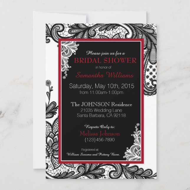 White Red and Black Lace Bridal Shower Invitation (Front)