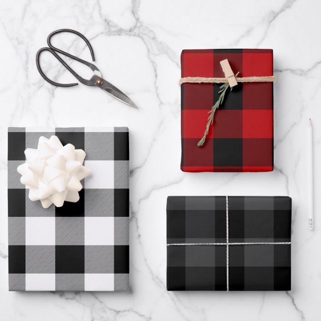 White Red And Charcoal Buffalo Plaid Canadiana Wrapping Paper Sheet (Front)